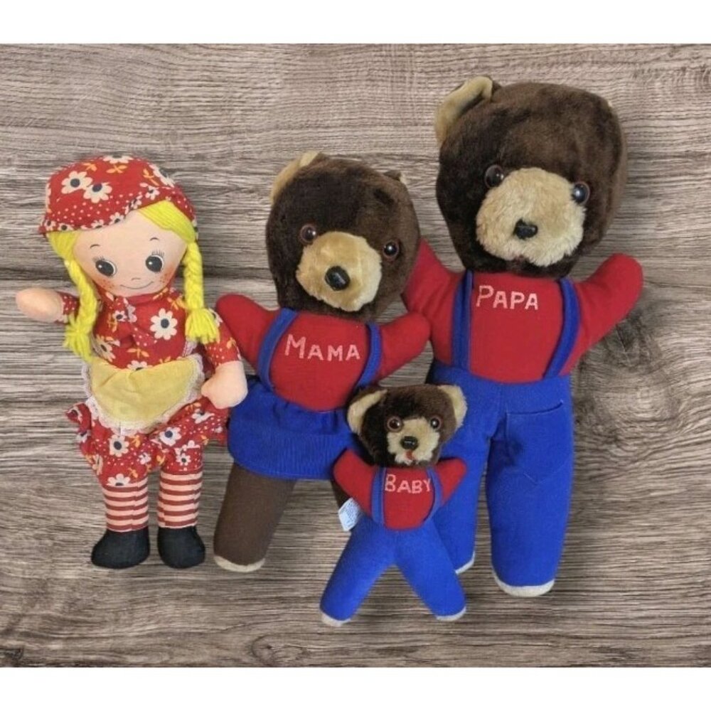 Vtg Elka Plush Goldilocks & 3 Bears Papa Mama Baby Stuffed Animals Toys Prize